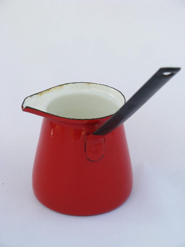 Vintage enamelware, red enamel sauce pitcher for flambe, flaming puddings