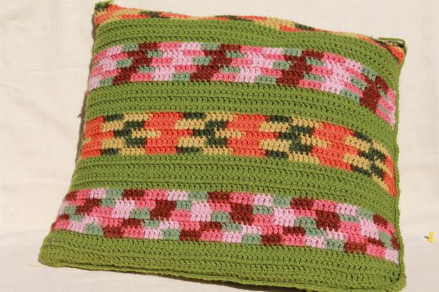 vintage feather pillow, large sofa or chair cushion w/ granny stripes crochet cover