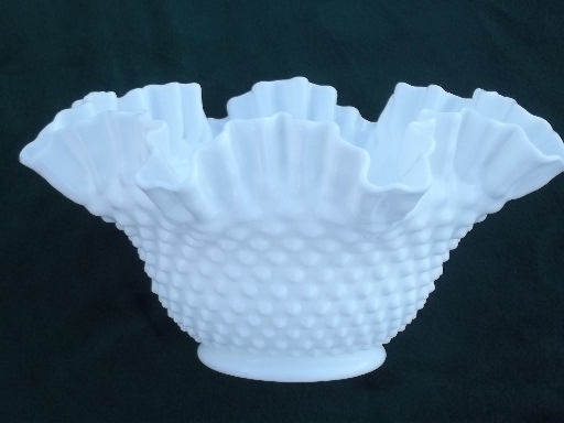 Vintage Fenton hobnail milk glass, crimped ruffle flower bowl vase