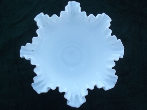 Vintage Fenton hobnail milk glass, crimped ruffle flower bowl vase
