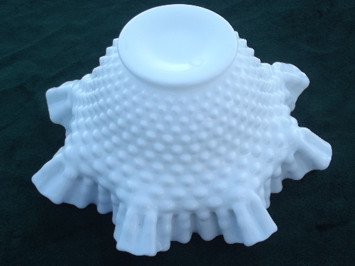 Vintage Fenton hobnail milk glass, crimped ruffle flower bowl vase