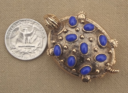 Vintage figural compact or pill box, turtle or tortoise gold tone metal lapis blue plastic