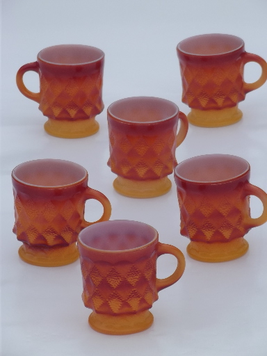 Vintage Fire-King glass coffee cups, 70s retro orange Kimberly