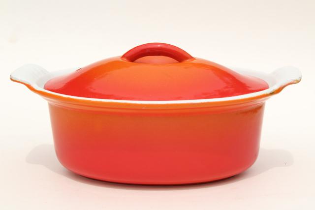 vintage flame orange enamel cast iron oval pan & lid, French Le Creuset style made in Belgium