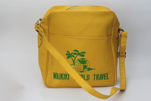 Vintage flight bag, retro yellow Waikiki Hawaii travel tourist souvenir bag