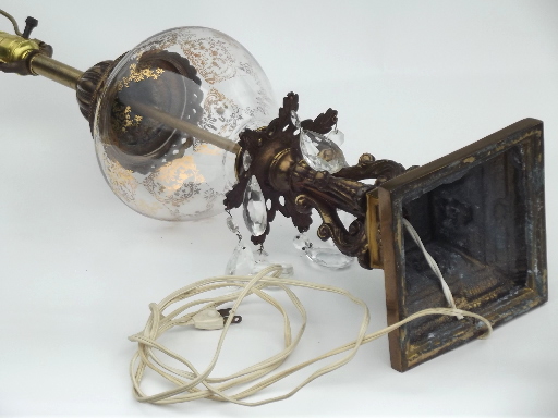 Vintage florentine style ornate glass table lamp w/ crystal teardrops prisms