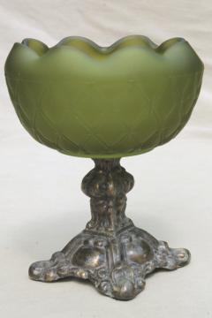 vintage flower bowl - green satin frosted glass bowl w/ ornate gold metal pedestal stand
