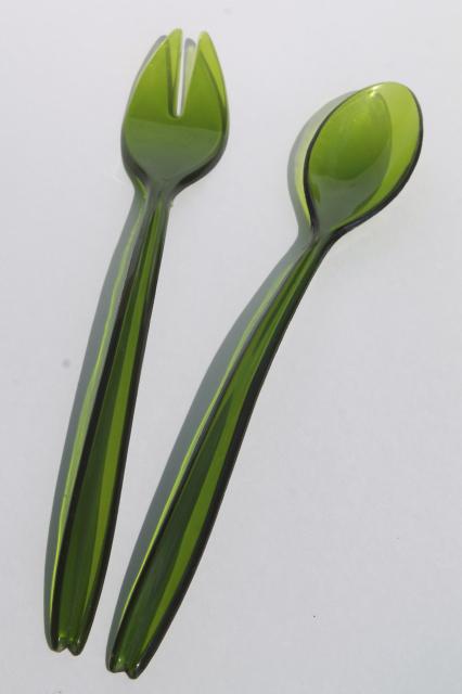 vintage flower shape glass salad bowl w/ spoon & fork plastic servers, retro avocado green glass