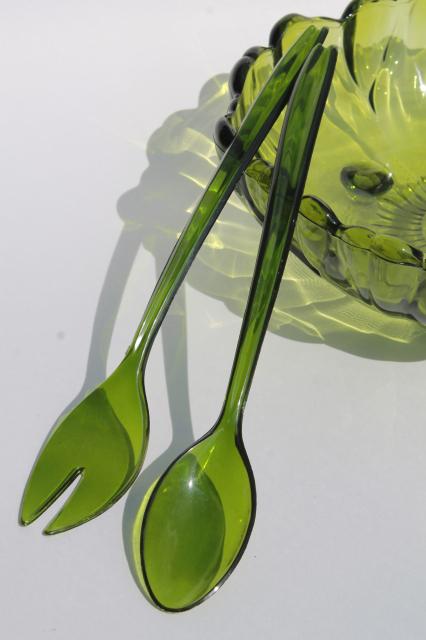 vintage flower shape glass salad bowl w/ spoon & fork plastic servers, retro avocado green glass