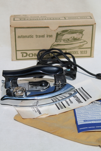 Vintage folding travel iron, Dominion automatic electric clothes iron #1033