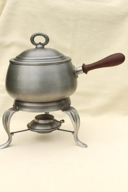 vintage fondue pot & burner stand made in Portugal, silver pewter color brushed aluminum