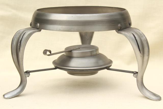 vintage fondue pot & burner stand made in Portugal, silver pewter color brushed aluminum