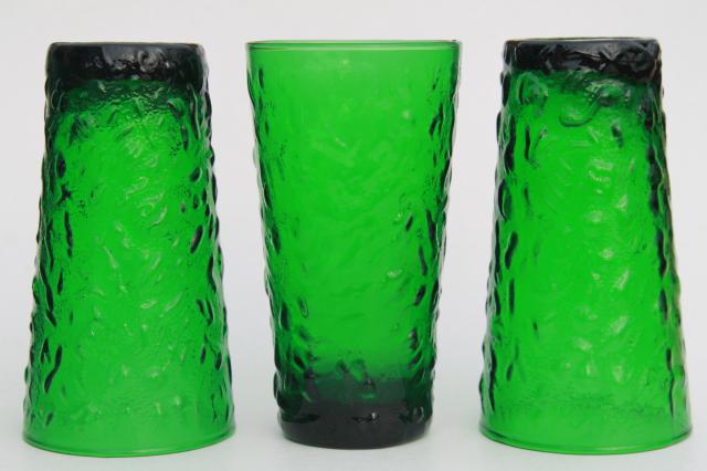 vintage forest green glass tumblers, Anchor Hocking Milano crinkle drinking glasses