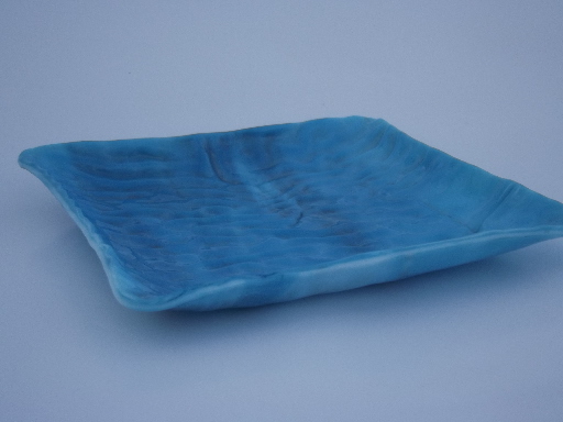 Vintage formed art glass tray, mod square shape, retro sky blue color