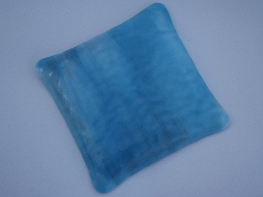Vintage formed art glass tray, mod square shape, retro sky blue color