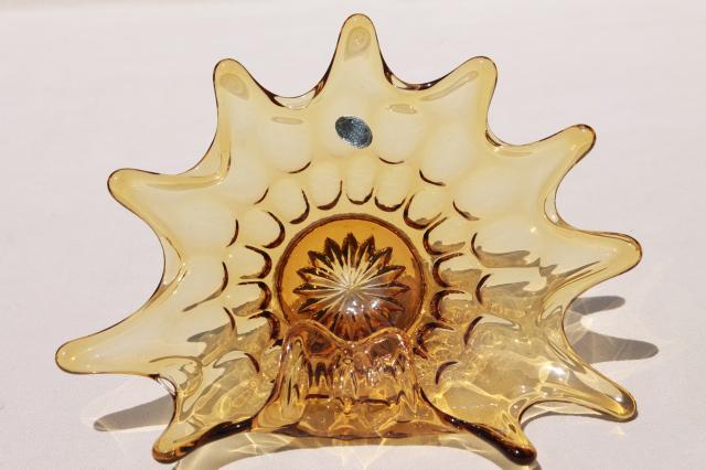vintage free form art glass ashtray, retro spiky shape amber glass bowl w/ Enesco label