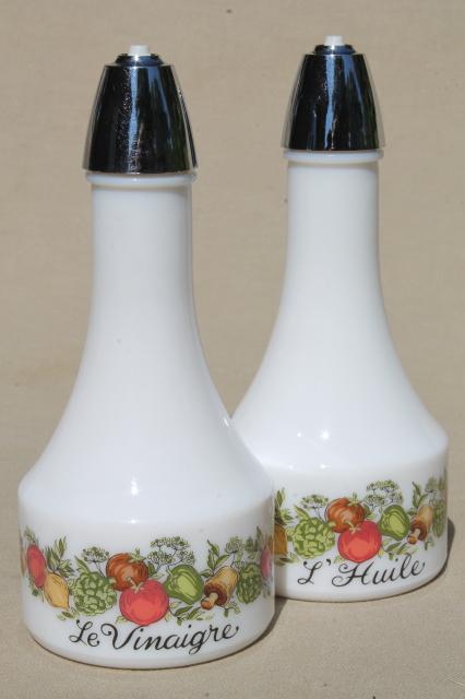 vintage french seasonings spice of life kitchen milk glass oil & vinegar cruets bottles