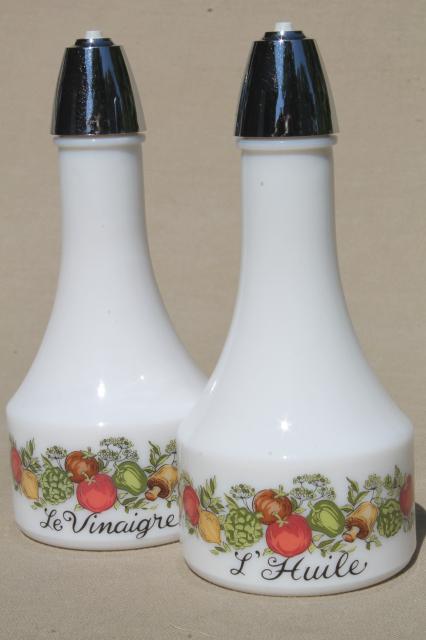 vintage french seasonings spice of life kitchen milk glass oil & vinegar cruets bottles