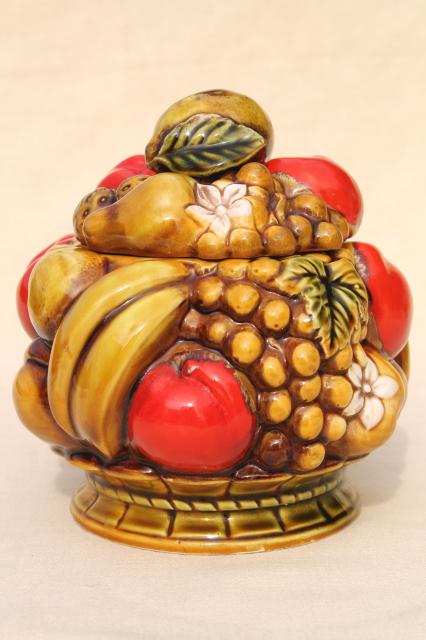 vintage fruit Inarco Japan ceramic cookie jar or covered dish, apples & bananas