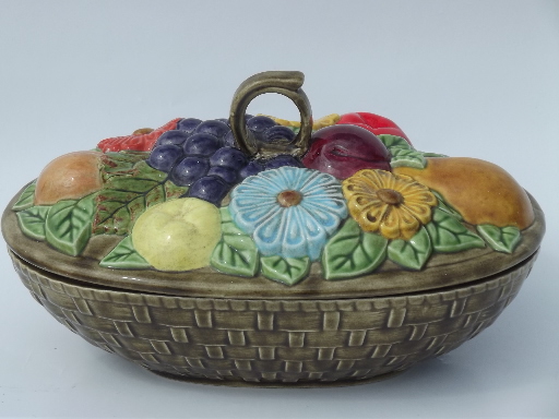 Vintage fruit basket  casserole / vegetable dish, retro handcrafted ceramic