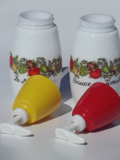Vintage Gemco ketchup & mustard pumps & sugar jar, kitchen seasonings spice of life