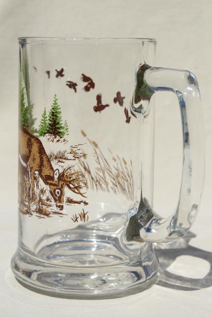 vintage glass beer steins, deer in the pine trees color print glass mugs