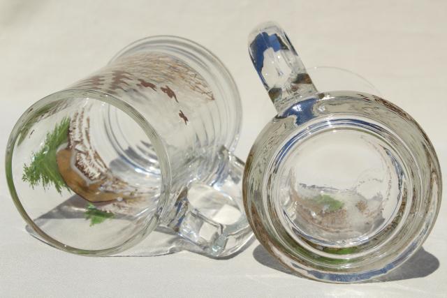 vintage glass beer steins, deer in the pine trees color print glass mugs