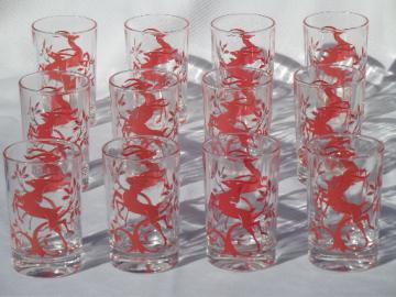 Vintage glass tumblers w/ leaping gazelle  deer in red, 50s deco mod glasses set