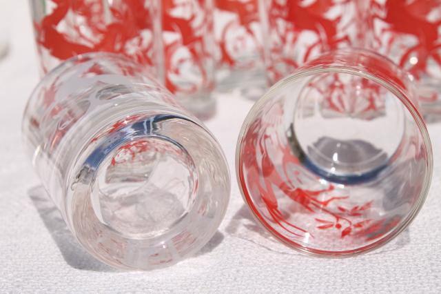 vintage glass tumblers w/ leaping gazelle deer in red & white, deco mod glasses setvintage glass tumblers w/ leaping gazelle deer in red & white, deco mod glasses set