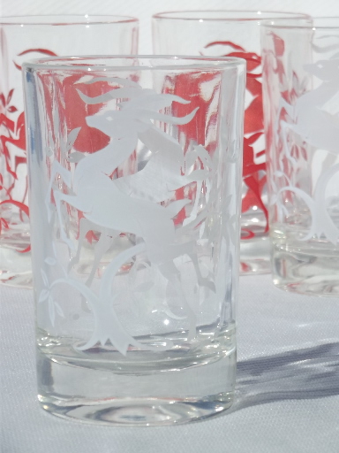 Vintage glass tumblers w/ red & white gazelle, 50s deco mod glasses set