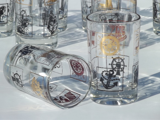 Vintage glass tumblers set, nautical sailing theme drinking glasses