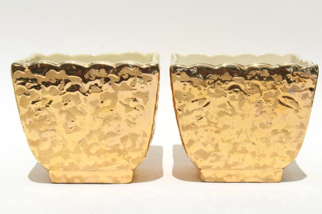 vintage gold encrusted ceramic planter pots, pair of square flower box cachepots 