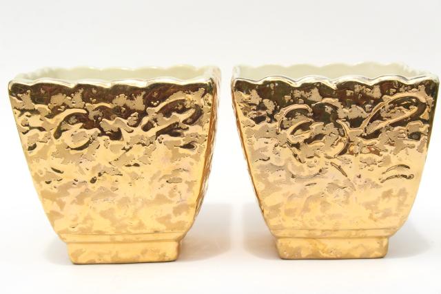 vintage gold encrusted ceramic planter pots, pair of square flower box cachepots 