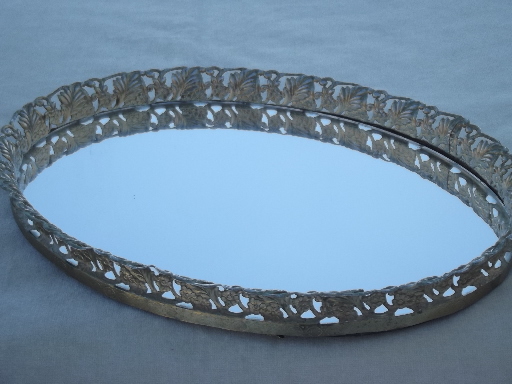 Vintage gold filigree  glass mirror perfume trays, vanity tray collection