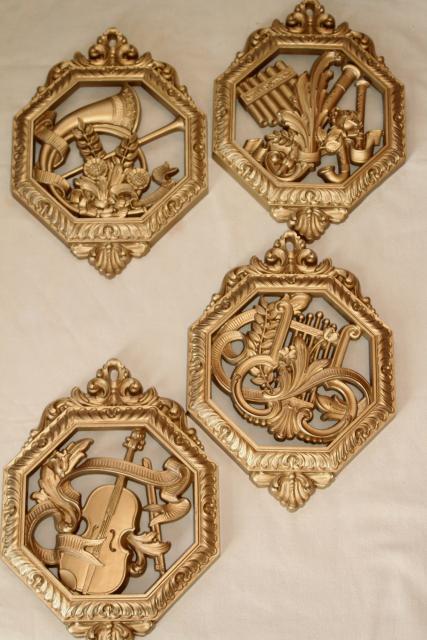 vintage gold plastic plaques, renaissance musical instruments, music wall art