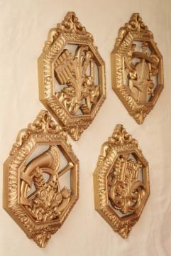 vintage gold plastic plaques, renaissance musical instruments, music wall art