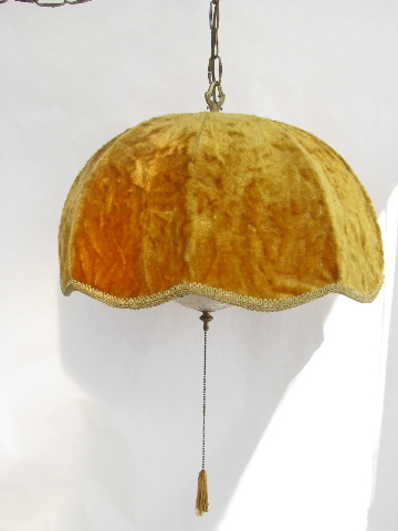 Vintage gold velvet swag chain lamp, huge hanging light, groovy 60s retro!