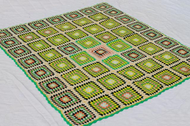 Orders Vintage Handmade Crochet Blanket Afghan Granny Square 86X44 Green Yellow Long