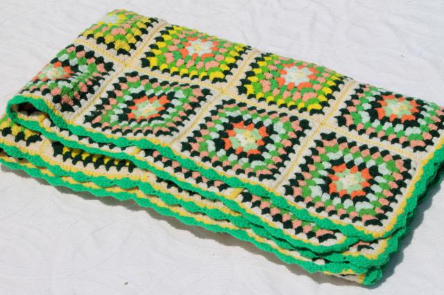 Vintage Granny Square Crocheted Blanket • Peach/Purple/Yellow/Green • newest 79”x45”