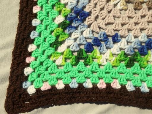 Vintage granny square crochet afghan, crocheted blanket in retro colors