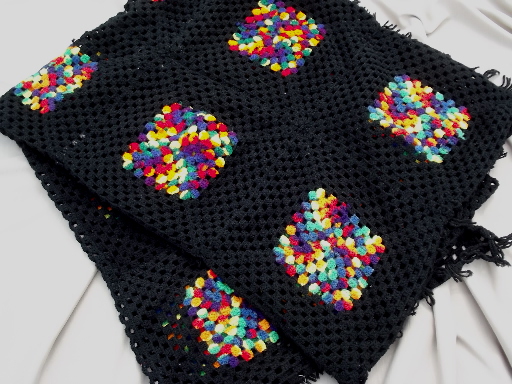 Vintage granny squares crochet afghan blanket, black w/ rainbow bright colors