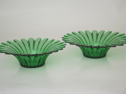 Vintage green glass flower bowls, retro daisy shape candle holders