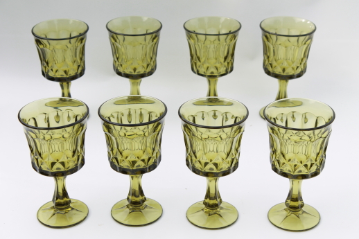 Vintage green glass goblets, Noritake Perspective water glasses or wine glasses