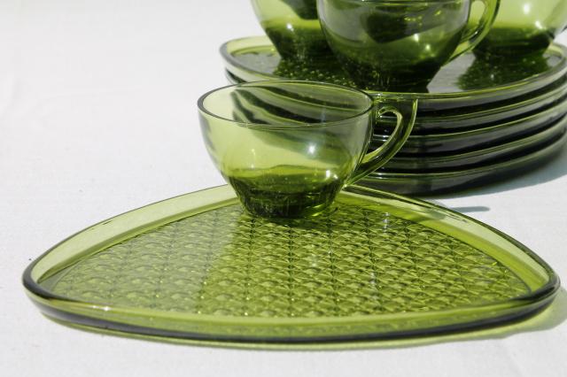 vintage green glass snack sets, daisy & button triangle plates & tea cups