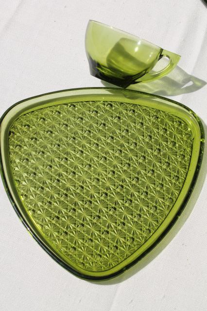 vintage green glass snack sets, daisy & button triangle plates & tea cups