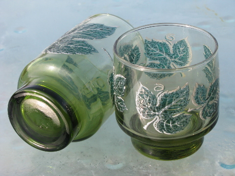 Vintage green ivy Libbey glasses, tall and short, mod accent shape