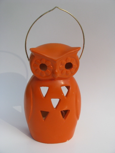 Vintage Halloween lantern, orange owl pottery candle lamp w/ handle, Japan