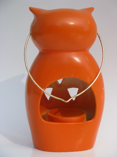 Vintage Halloween lantern, orange owl pottery candle lamp w/ handle, Japan