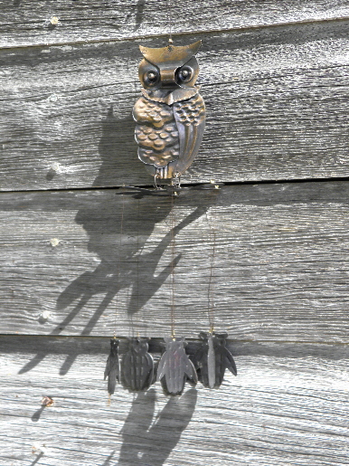 Vintage Halloween owl wind chimes, metal owls w/ antique copper finish
