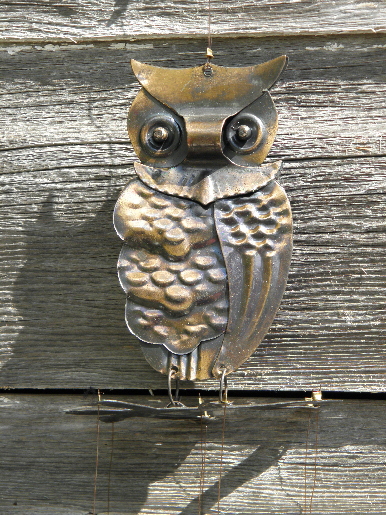 Vintage Halloween owl wind chimes, metal owls w/ antique copper finish
